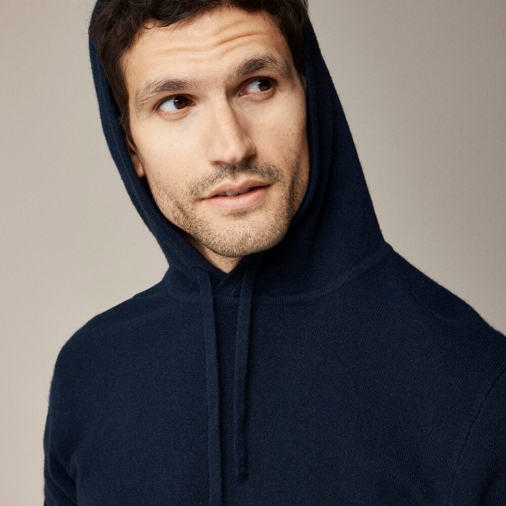 J CREW Midweight 100% Cashmere Navy Blue Hoodie Pullover Sweater Unisex - Picture 2 of 11